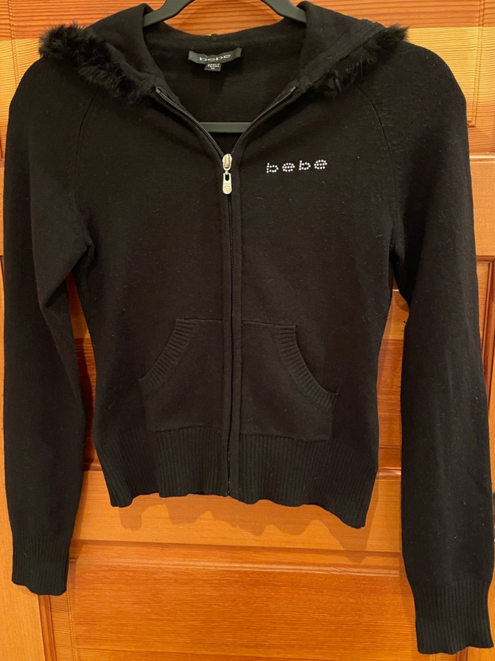VERY RARE VINTAGE BEBE Black Hoodie with real fur trim and rhinestone logo!!!